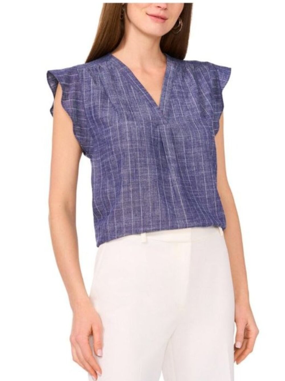 $79 Vince Camuto Women's Chambray Shine-Stripe Flutter-Sleeve Top Size XS